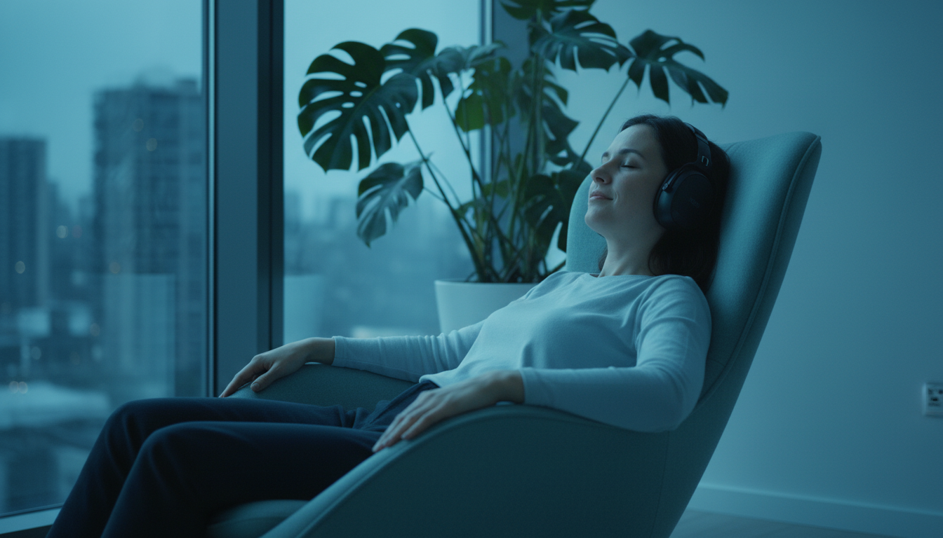 Fotografía de estilo lifestyle de una persona con auriculares de cancelación de ruido, reclinada en una silla ergonómica de diseño, con una expresión de paz profunda. La escena está bañada en tonos azules y turquesas suaves, con una planta verde vibrante al fondo para denotar vida y oxigenación.