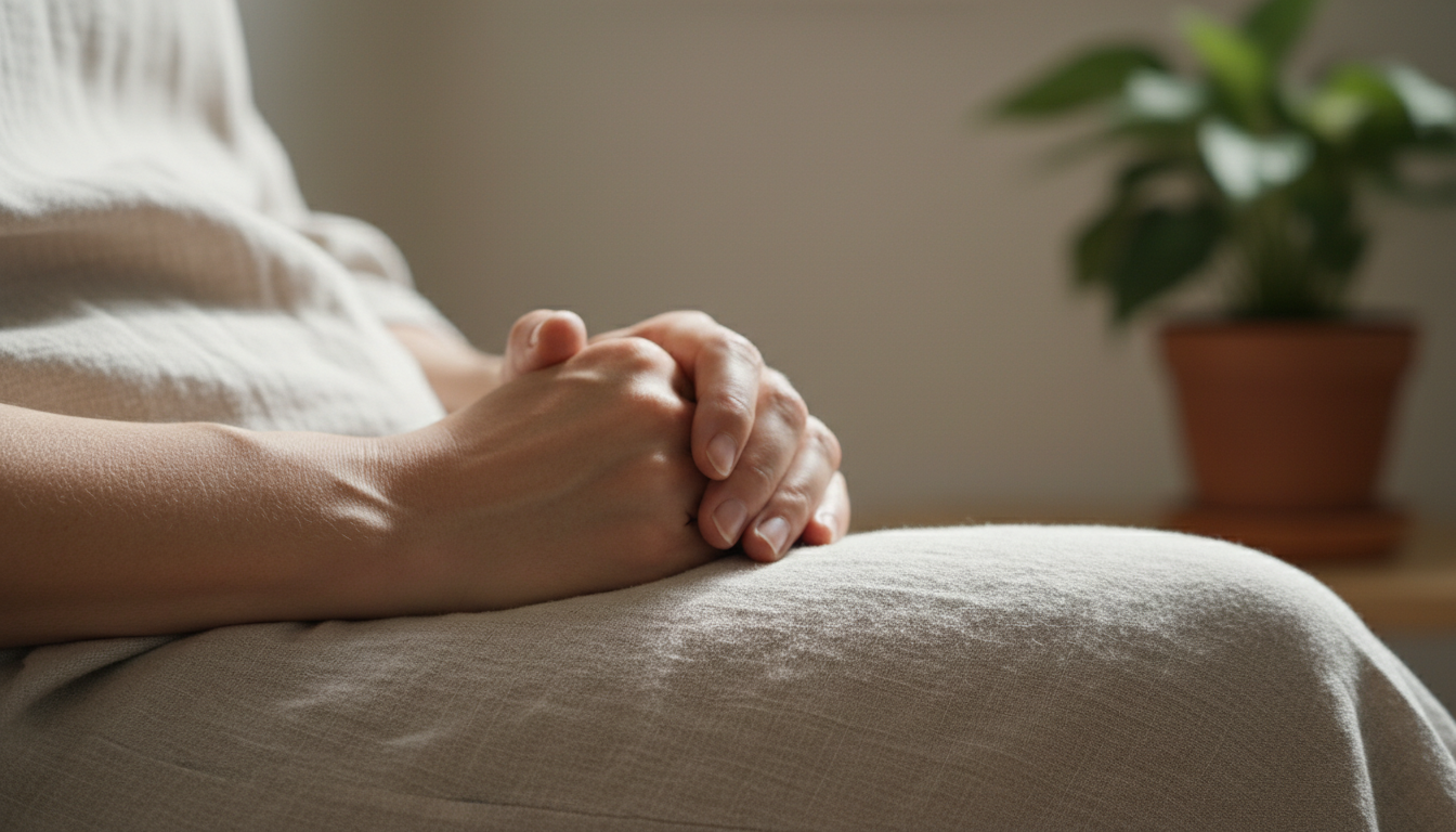 Fotografía macro, detalle de unas manos entrelazadas suavemente sobre el regazo de una persona sentada. La textura de la ropa es visible (lino o algodón). La luz incide lateralmente resaltando la calma en la postura. Fondo desenfocado con tonos neutros y una planta verde en una esquina lejana.