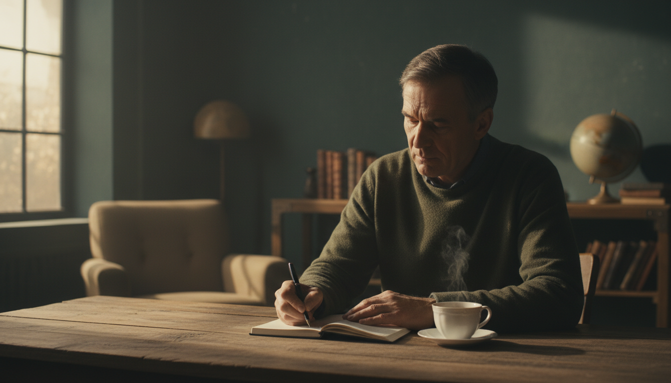 Fotografía realista de un hombre de unos 50 años escribiendo en un cuaderno de tapa dura sobre una mesa de madera. Tiene una taza de té humeante al lado. Su expresión es reflexiva y serena. La luz de la tarde entra por una ventana, creando sombras largas y suaves. Estética de estudio y concentración.