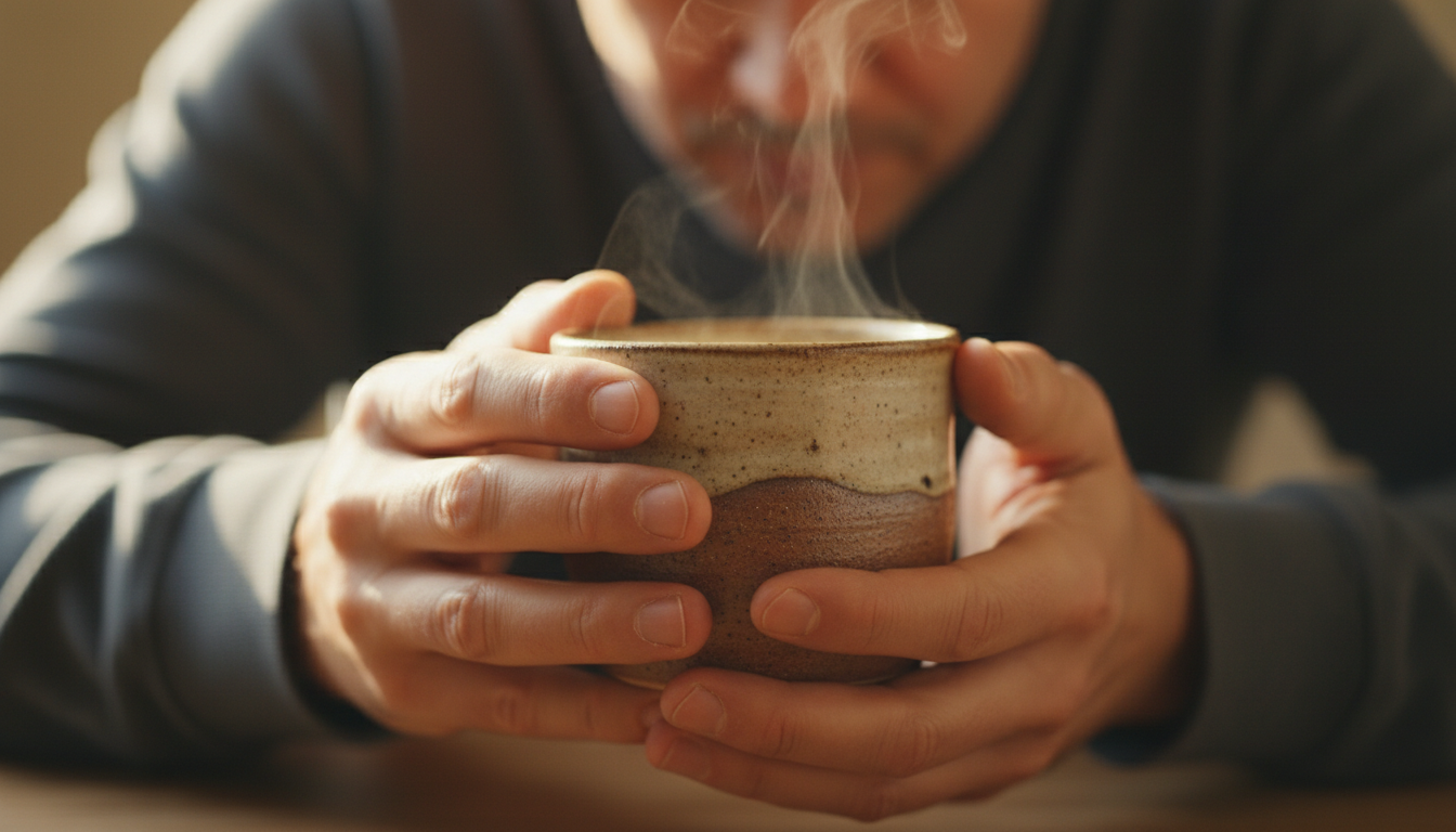 Fotografía de primer plano, estilo macro conceptual. Un hombre de unos 40 años sostiene una taza de cerámica caliente entre sus manos. El enfoque está en las manos y la textura de la taza, con el vapor subiendo suavemente. La iluminación es cálida. Su rostro está desenfocado al fondo, pero sugiere una pausa reflexiva, capturando el instante exacto de sentir la temperatura antes de juzgarla.