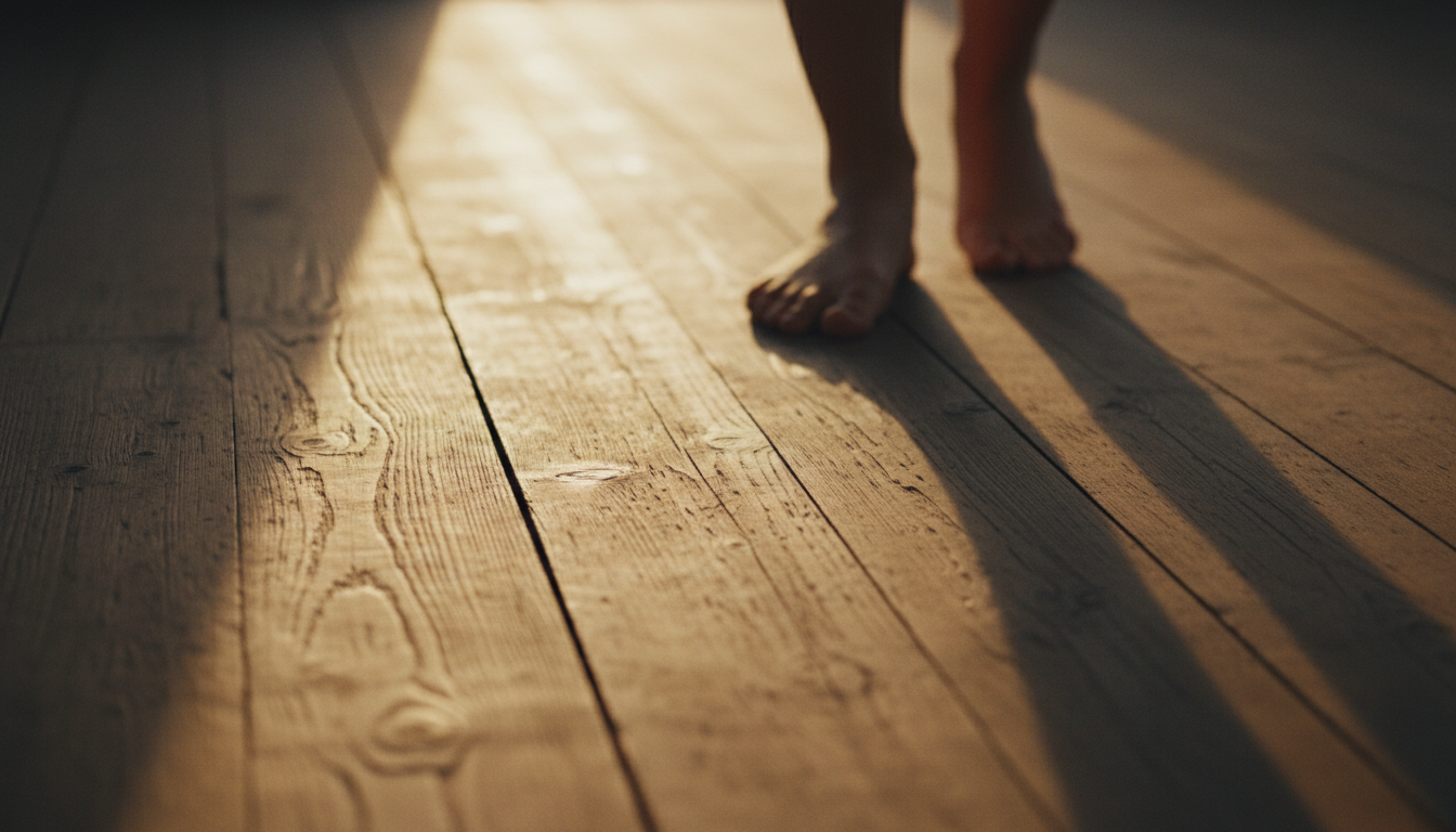 Fotografía de estilo cinematográfico y minimalista. Un primer plano de unos pies descalzos caminando con lentitud sobre una superficie de madera natural. La luz del atardecer entra lateralmente creando sombras alargadas. La imagen evoca la sensación de equilibrio, toma de tierra y consciencia propioceptiva del movimiento.