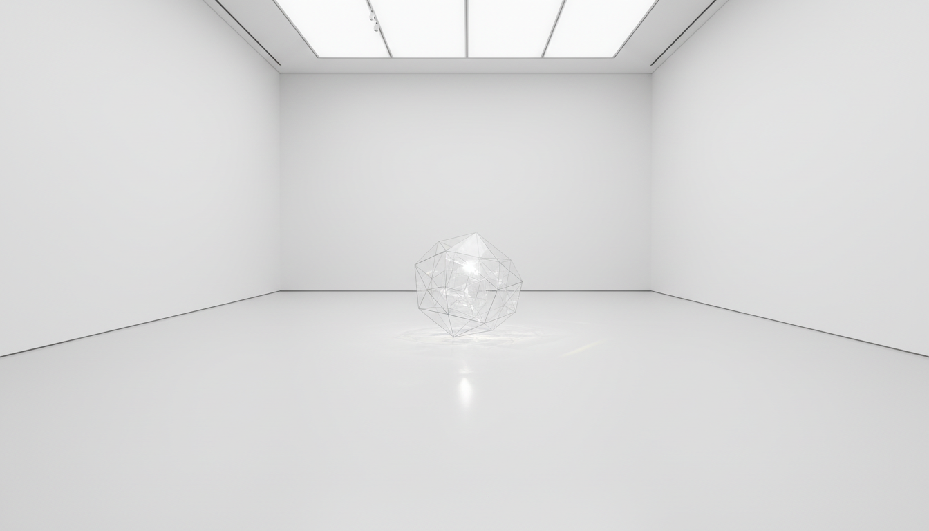 Imagen conceptual de estética contemporánea. Un espacio de galería de arte minimalista y blanco, muy amplio, con una sola escultura geométrica transparente en el centro que refleja la luz. La imagen representa la claridad mental y la capacidad de observar el 'espacio' de la consciencia más allá del ruido visual, con un estilo limpio y profesional.