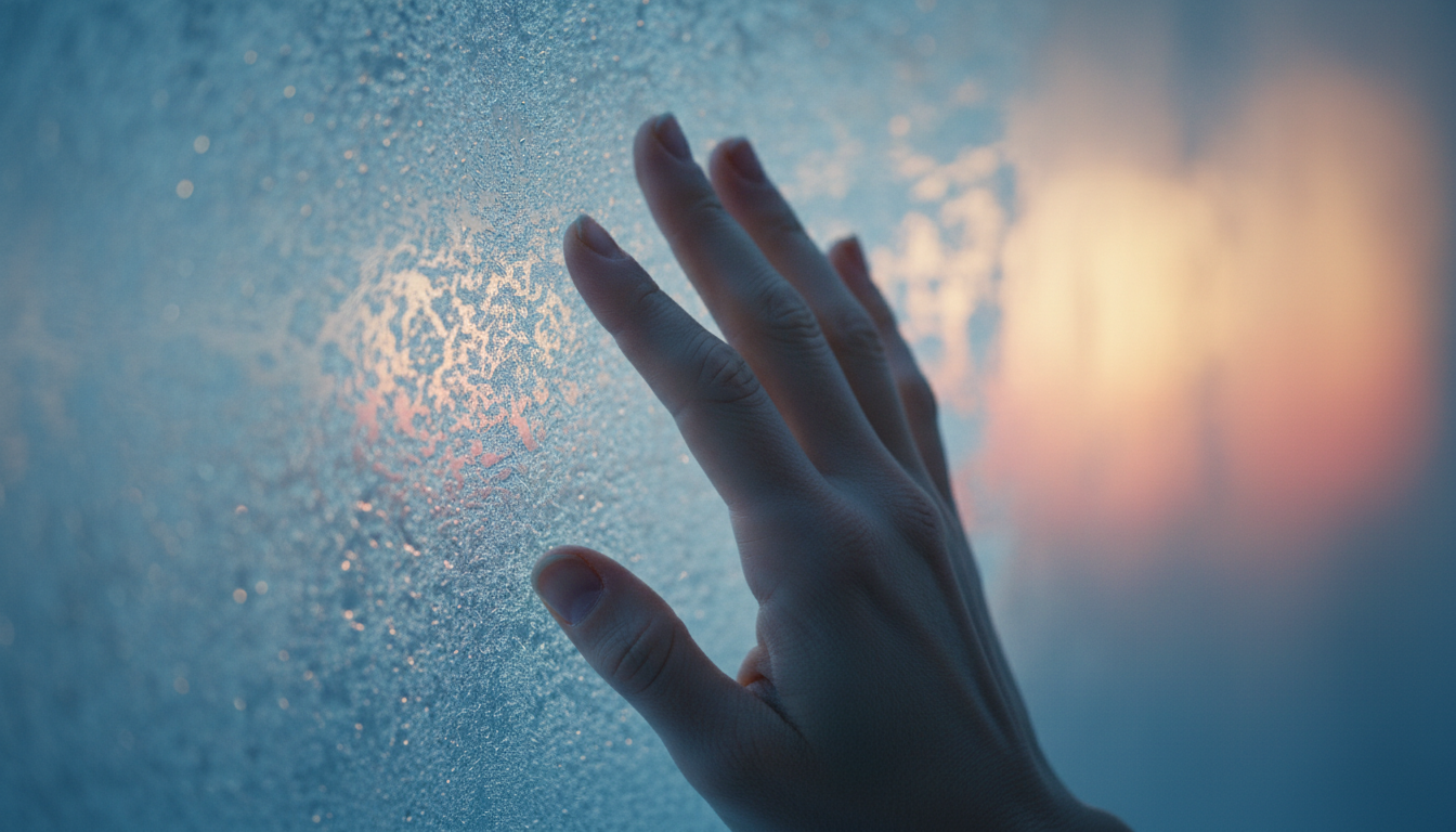 Primer plano artístico y realista de una mano femenina adulta tocando una superficie de hielo o vidrio escarchado. La iluminación es azulada y fresca, contrastando con un fondo ligeramente cálido y desenfocado. La imagen evoca la sensación de regulación térmica y calma sensorial.