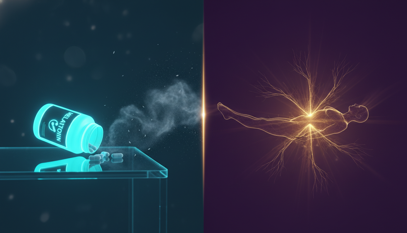 Hyper-realistic illustration, split screen, neon cyan and violet tones. Left: spilled melatonin bottle on a digital nightstand, pills turning into grey dust. Right: human silhouette in Savasana pose floating over a glowing golden neural network, light emanating from brain to body, symbolizing cellular regeneration.
