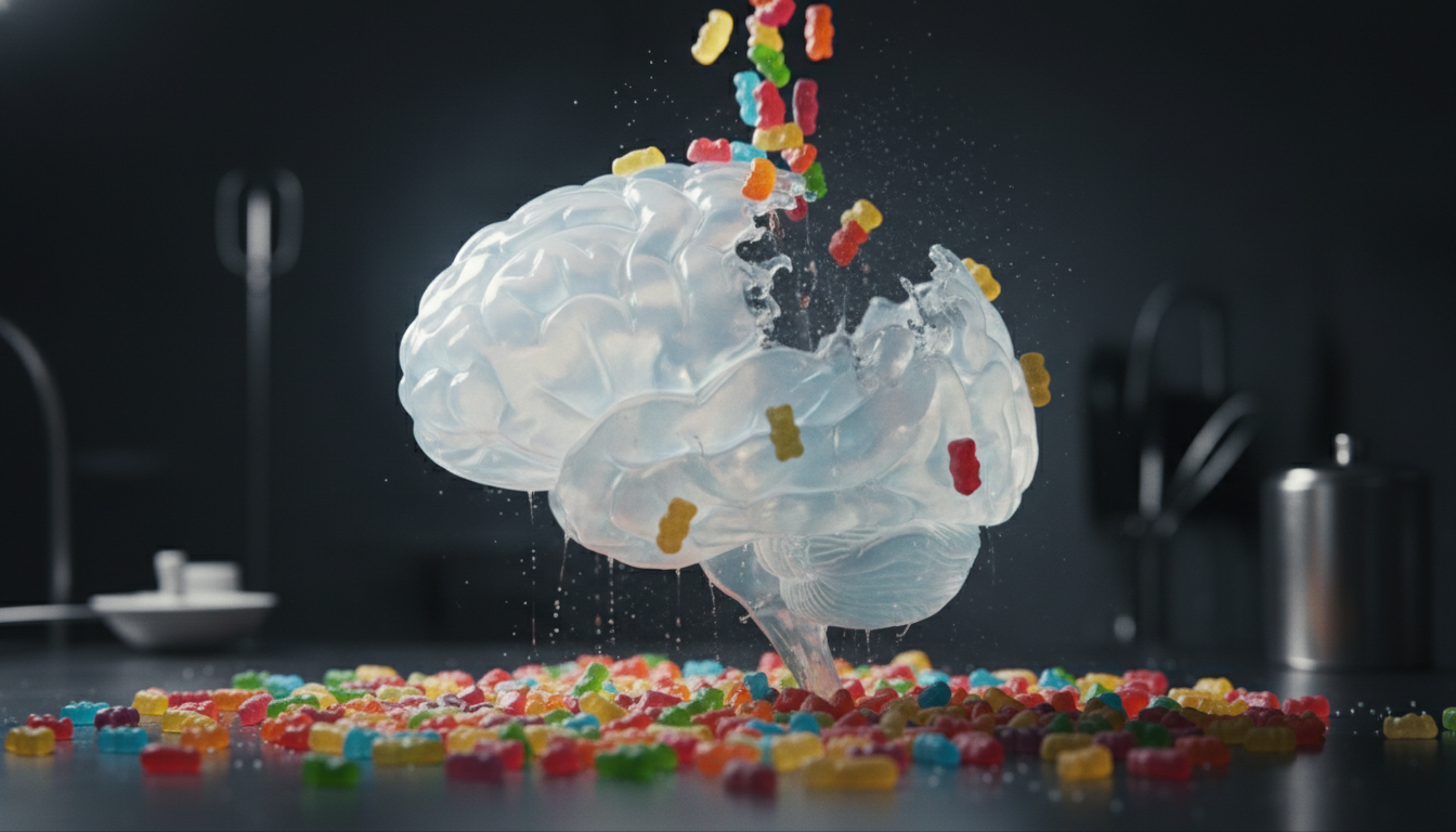 A close-up shot of a human brain silhouette made of translucent gel, slowly losing its color and structure as artificial colorful gummies fall around it, dark clinical background.