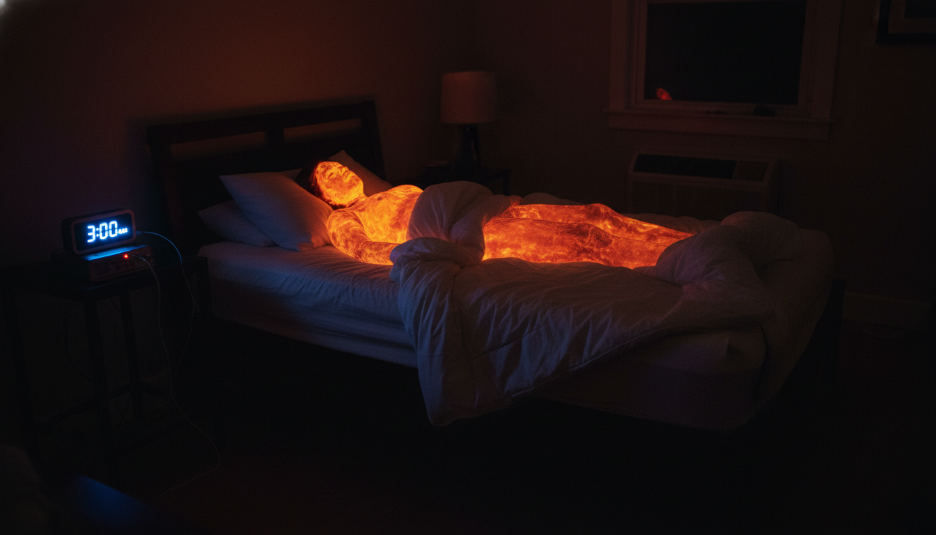 Cinematic shot of a person lying in bed in a dark room, but their body is glowing with high-heat thermal orange colors, while a blue digital clock shows 3:00 AM, representing the temperature error.