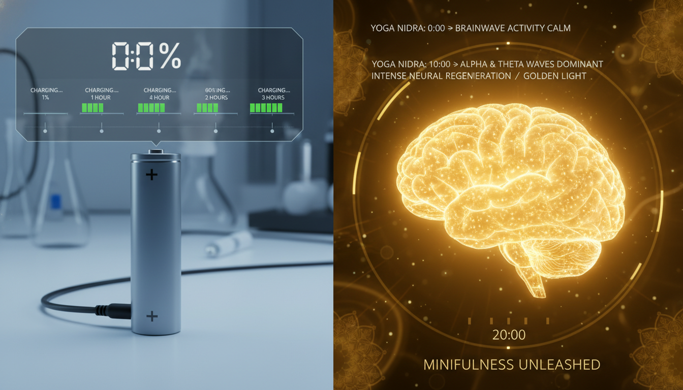 A split-screen visualization: on one side, a battery charging slowly over 3 hours; on the other, a brain glowing intensely with golden light in just 20 minutes of Yoga Nidra, futuristic data overlay.