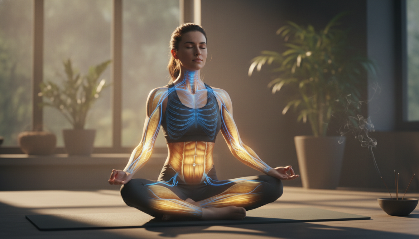 A high-performance athlete in a resting state, with a translucent overlay showing the nervous system calming down and muscles repairing with golden light pulses, 8k resolution, serene atmosphere.