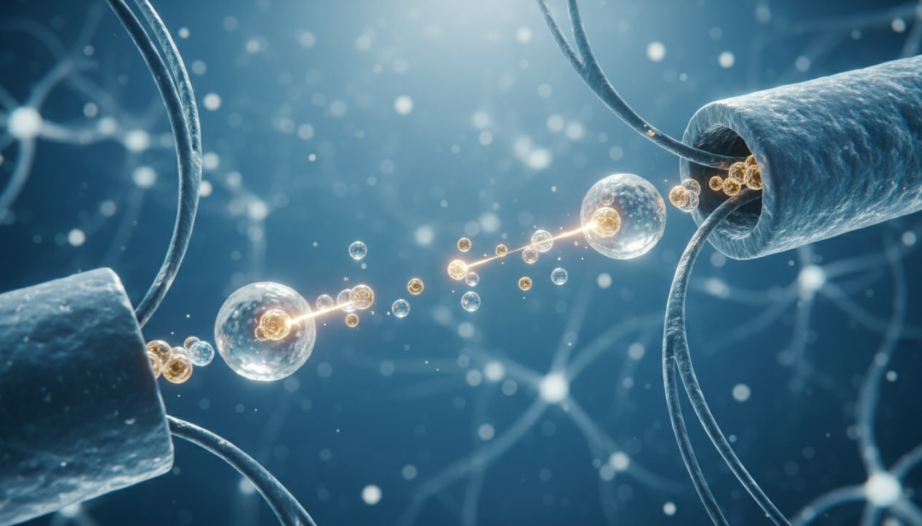 Hyper-realistic 3D medical visualization of dopamine receptors in the synaptic cleft, glowing particles, clinical futuristic style.