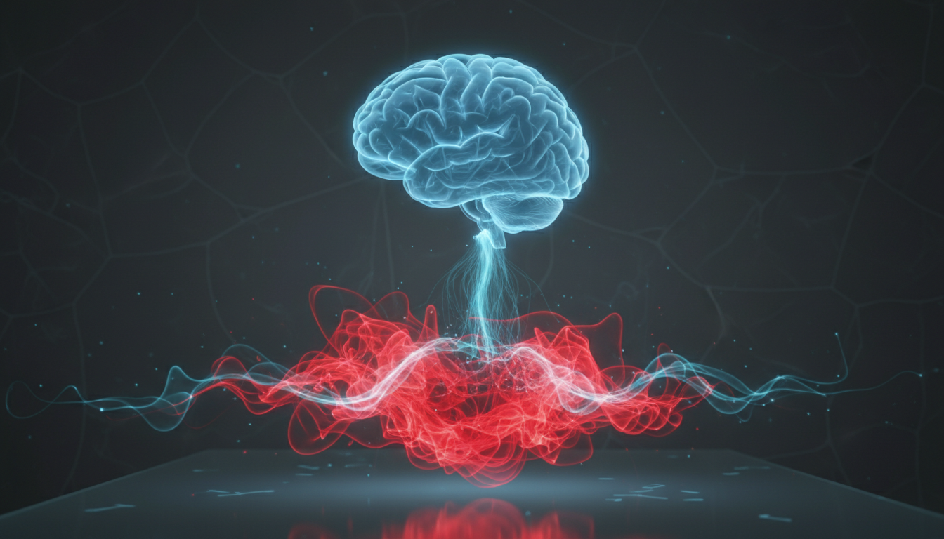 A digital representation of the prefrontal cortex glowing with a serene blue light, controlling red chaotic energy waves below, minimalist medical aesthetic.