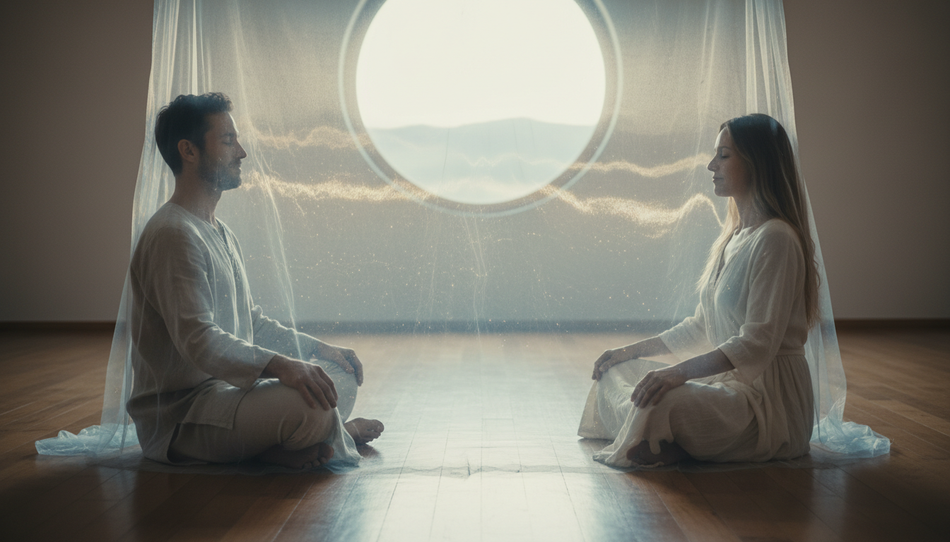 Conceptual image of two people sitting in silence across each other, separated by a thin veil of light, capturing a sense of profound human connection.