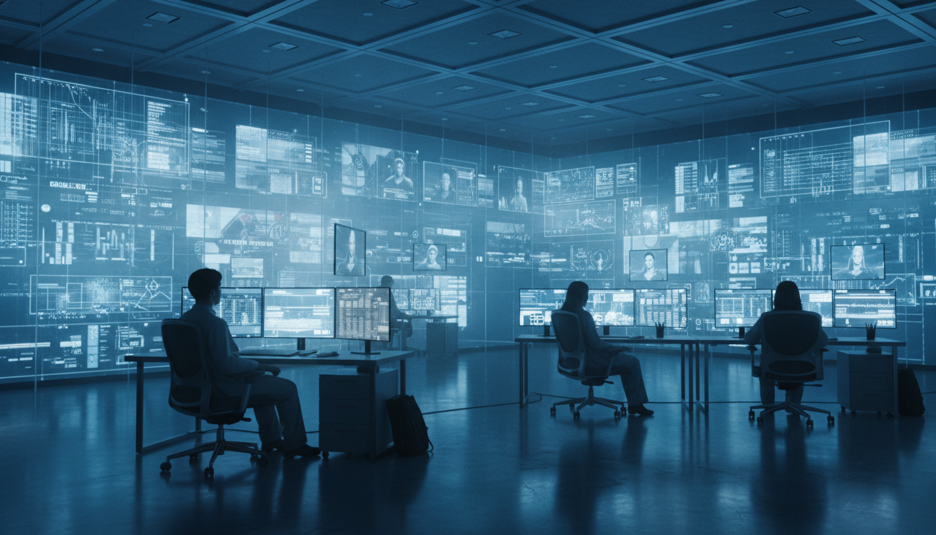 Cinematic shot of a brightly lit room full of glowing screens, leaving no corner in shadow, representing the loss of mystery.