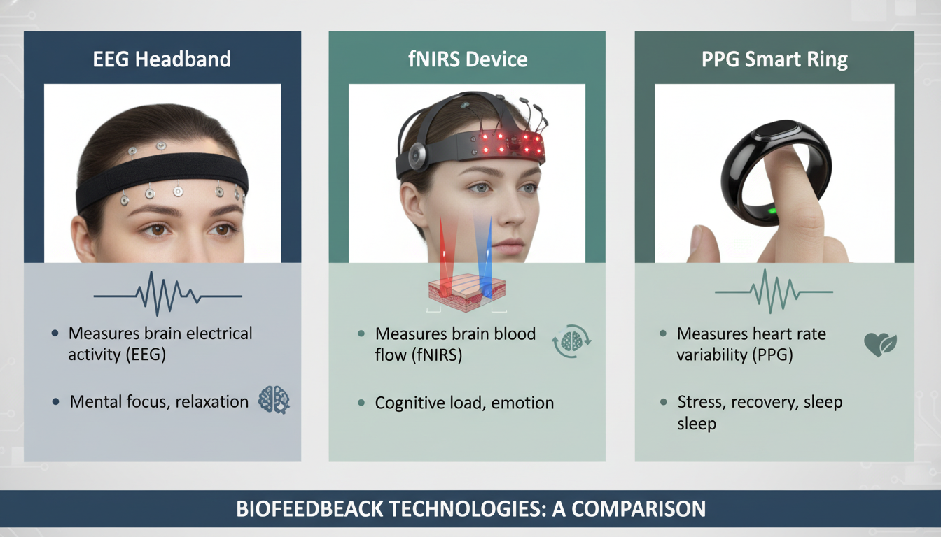 Comparison infographic of three biofeedback technologies: EEG headband, fNIRS device, and PPG smart ring, clean technical design.
