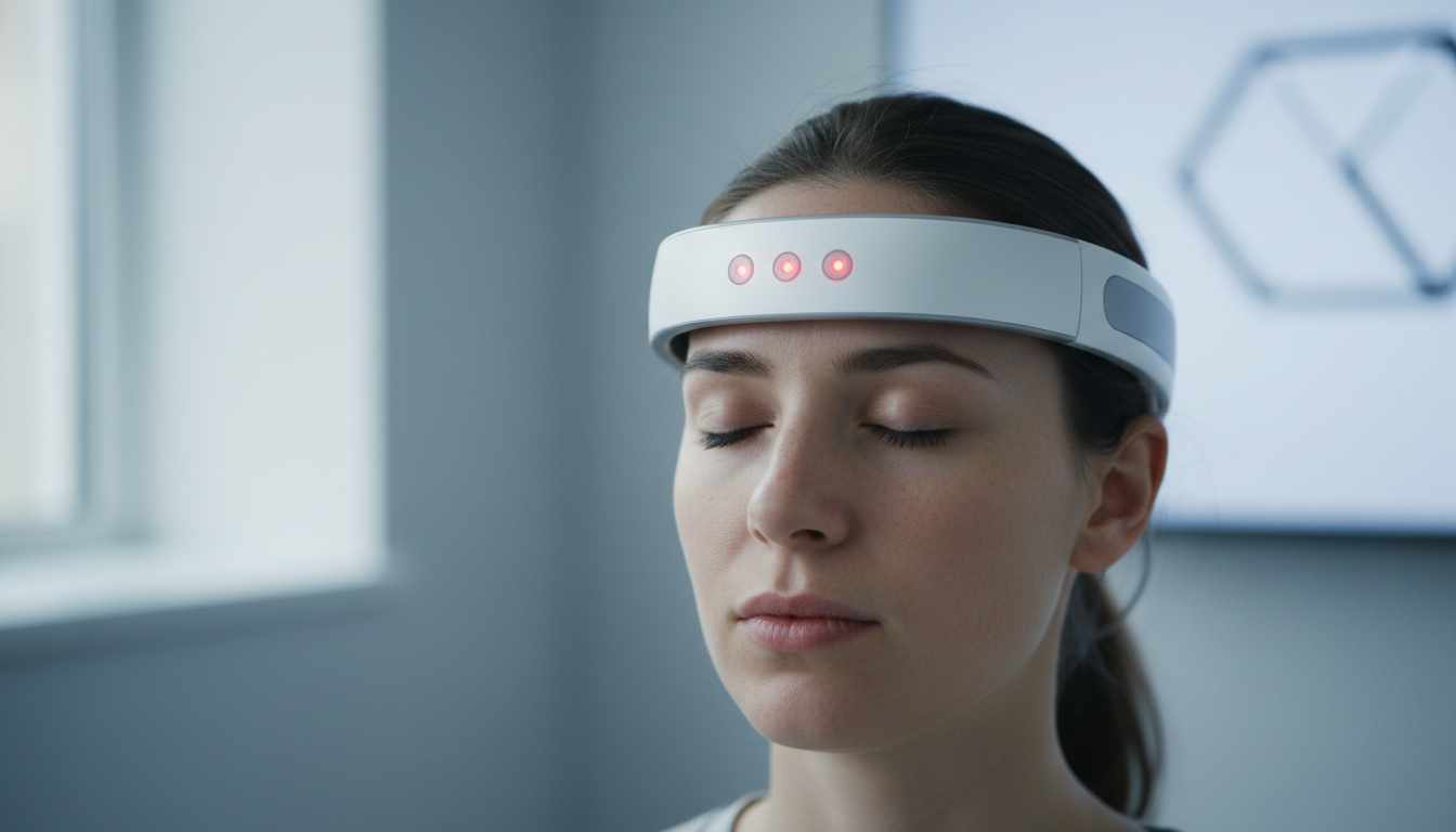 Minimalist Mendi device showing infrared sensors on the forehead of a focused person, sleek clinical style.