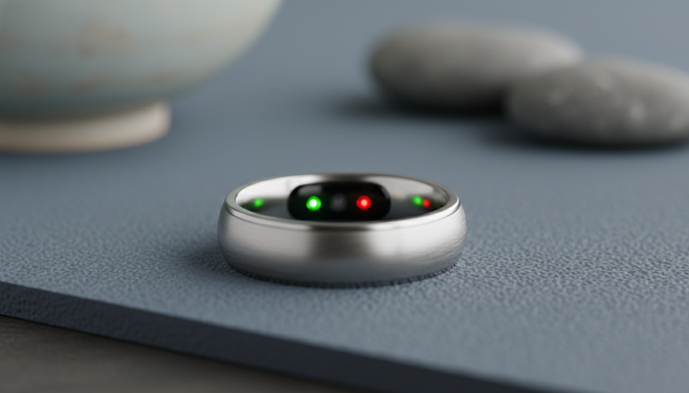 Macro photo of an Oura Ring Gen3 with visible green and red LED sensors on the inner band.