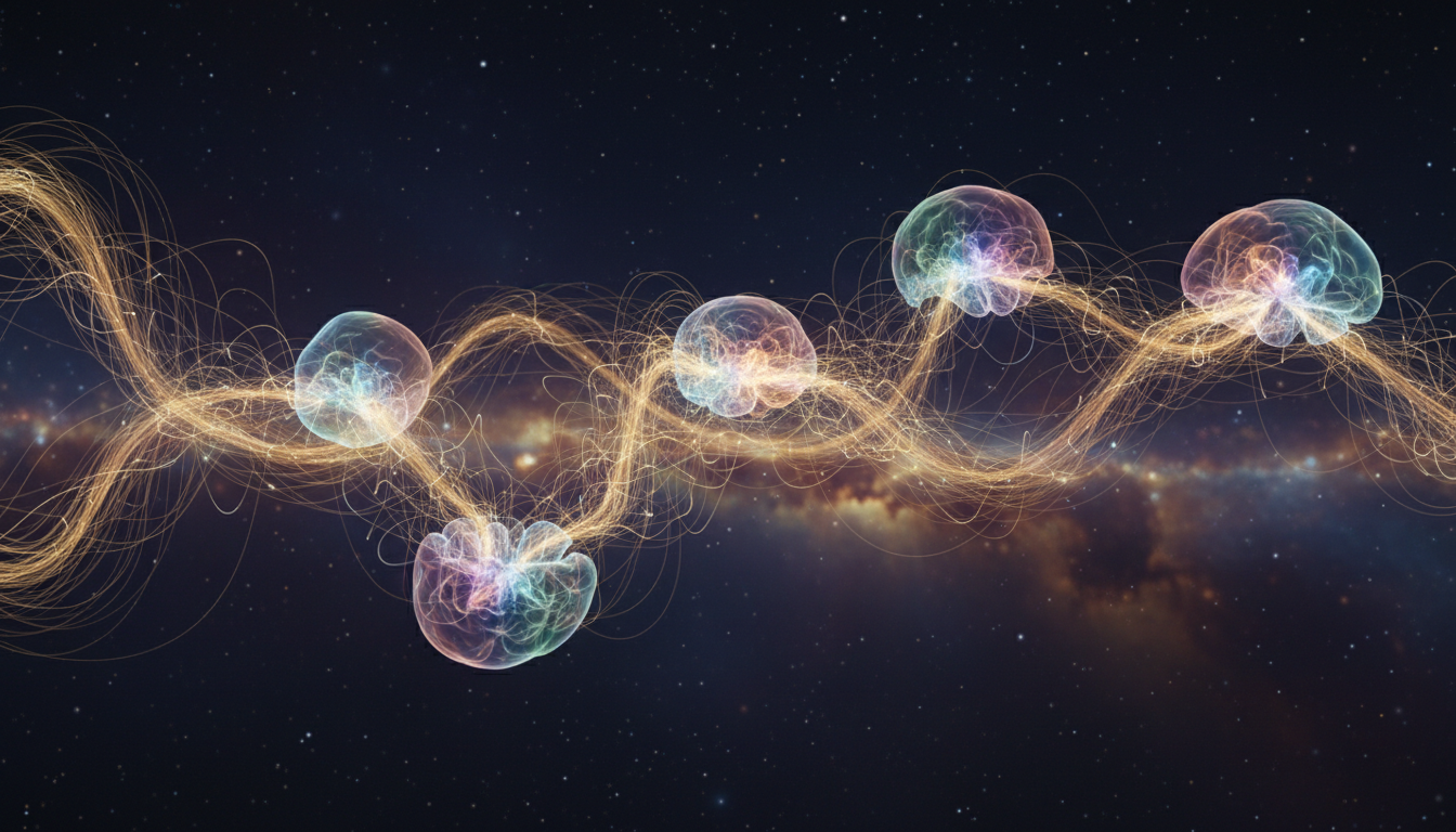 Una representación visual de la flexibilidad cognitiva con redes neuronales orgánicas brillantes entrelazadas con hilos de luz dorada en un espacio infinito.