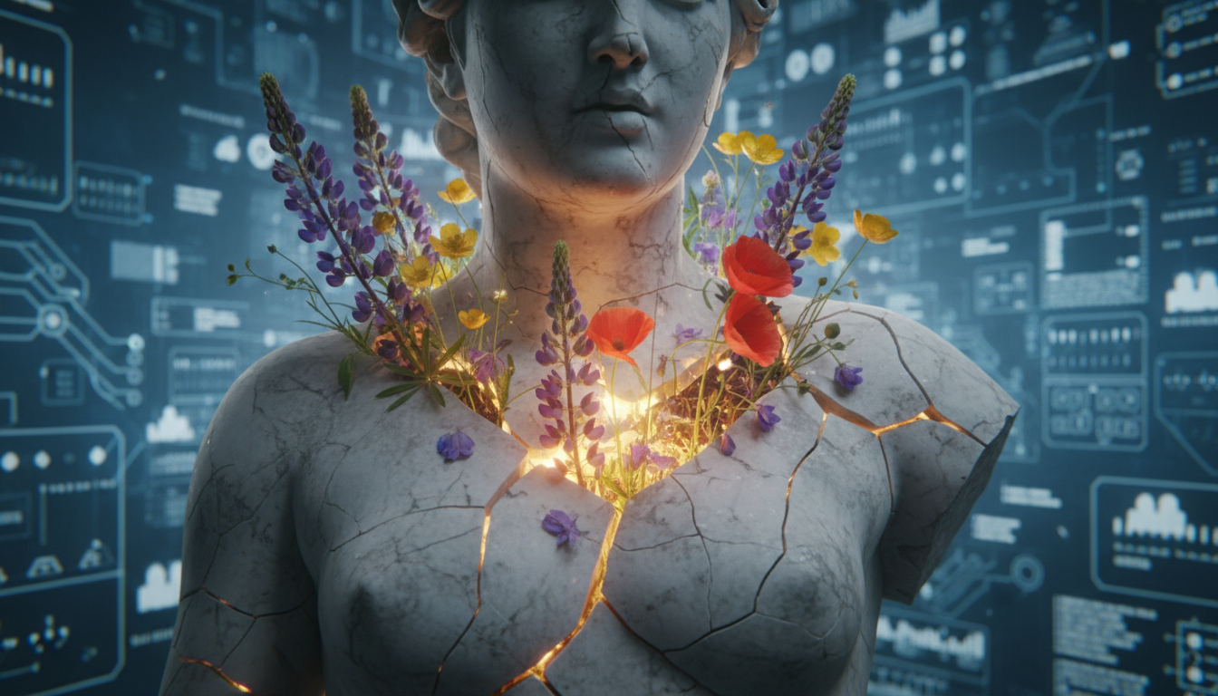 Una estatua de mármol agrietada de la que brotan flores silvestres y luz cálida, contrastando con un fondo de interfaces digitales frías.