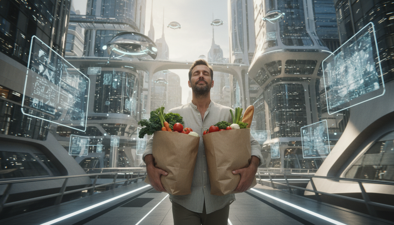 Un hombre caminando por una ciudad futurista hiper-tecnológica cargando bolsas de papel con alimentos reales, irradiando una calma natural y analógica.