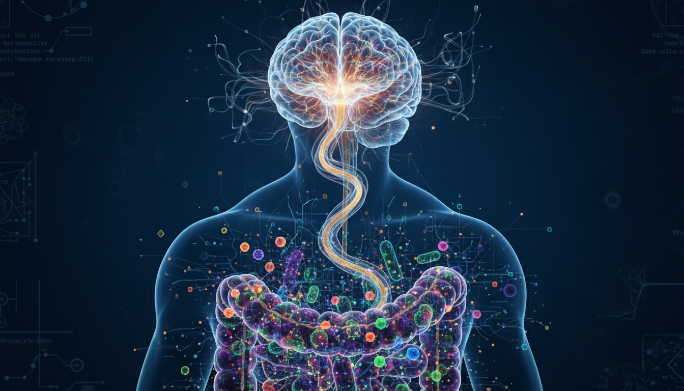 Digital illustration of the gut-brain axis, showing the vagus nerve as a glowing fiber optic cable connecting a complex ecosystem of bacteria in the intestines to a human brain, high-tech biological aesthetic.
