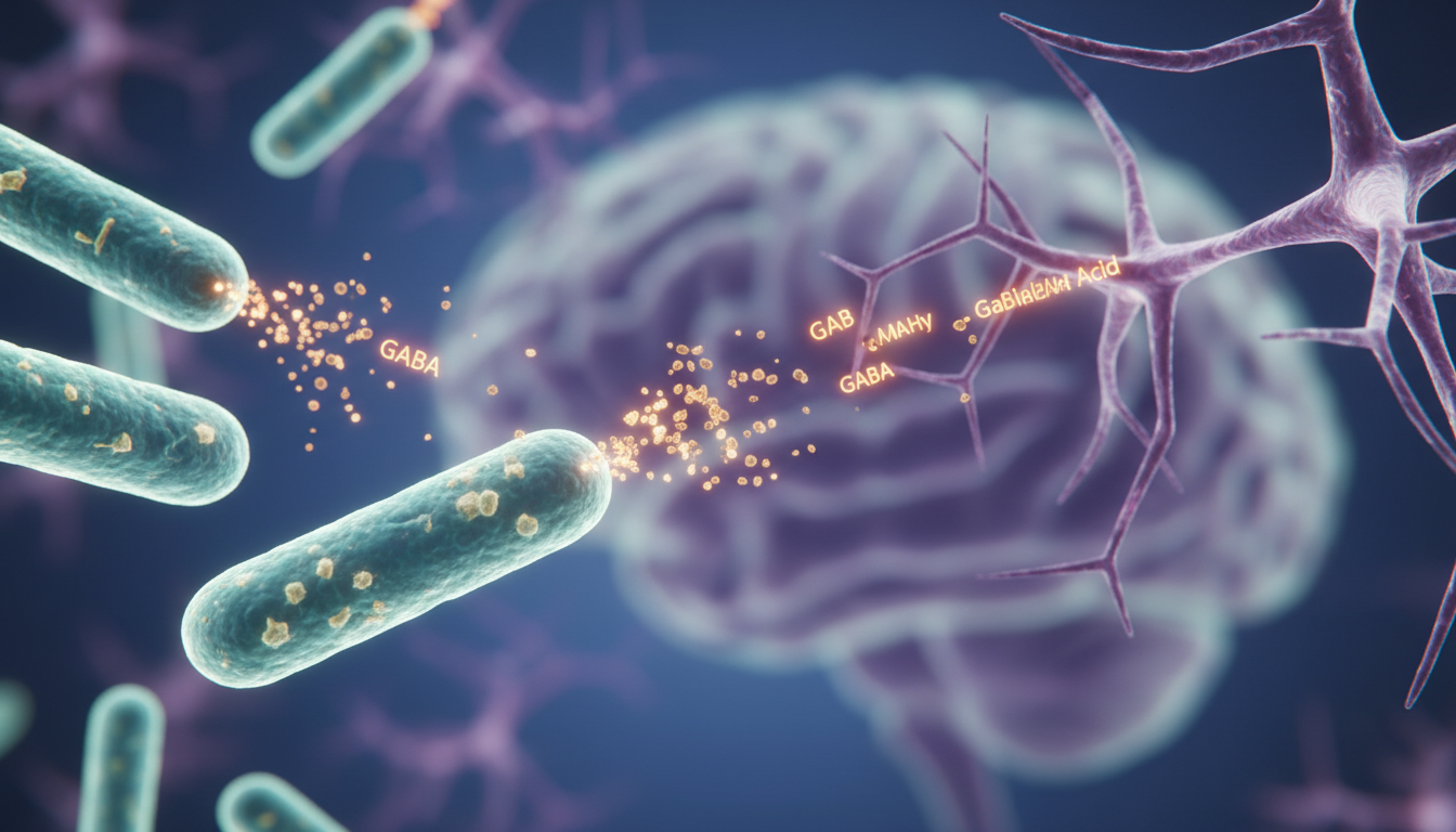 Microscopic 3D render of Lactobacillus rhamnosus bacteria, translucent and bioluminescent, emitting small particles of GABA towards neural receptors, macro photography style, 8k resolution.