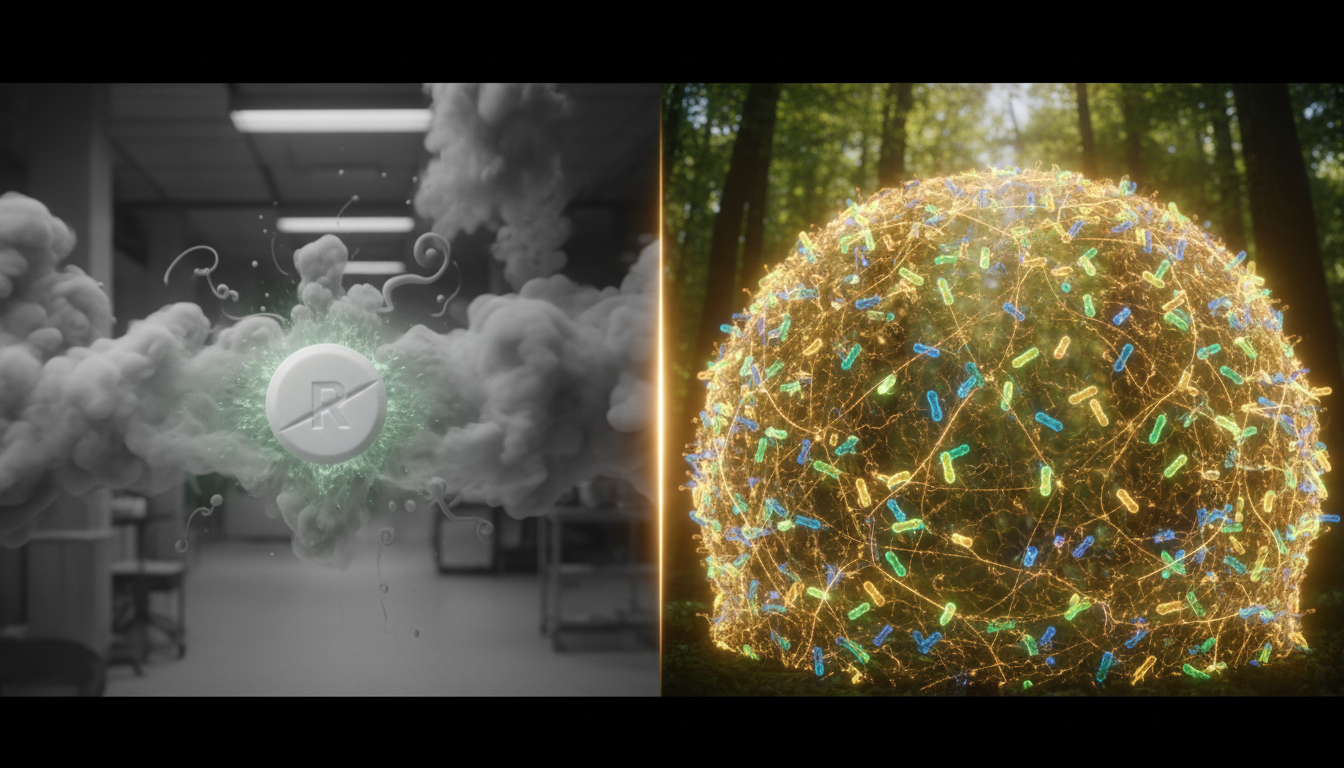 Split screen graphic: one side shows a chemical pill dissolving into gray clouds, the other side shows vibrant, glowing bacteria building a protective golden shield, cinematic lighting.