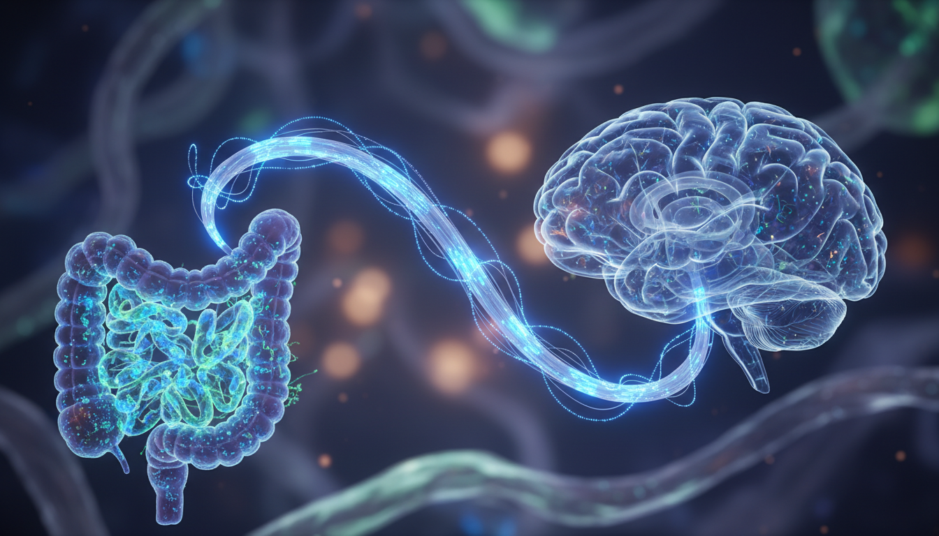 Hyper-realistic 3D render of the vagus nerve as a glowing fiber optic cable transmitting blue energy pulses between a vibrant gut and a detailed brain.