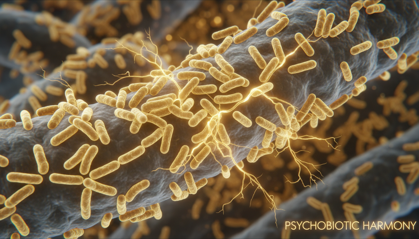 Microscopic view of glowing bioluminescent psychobiotic bacteria (Lactobacillus) inside the intestinal lining, emitting golden neural signals.