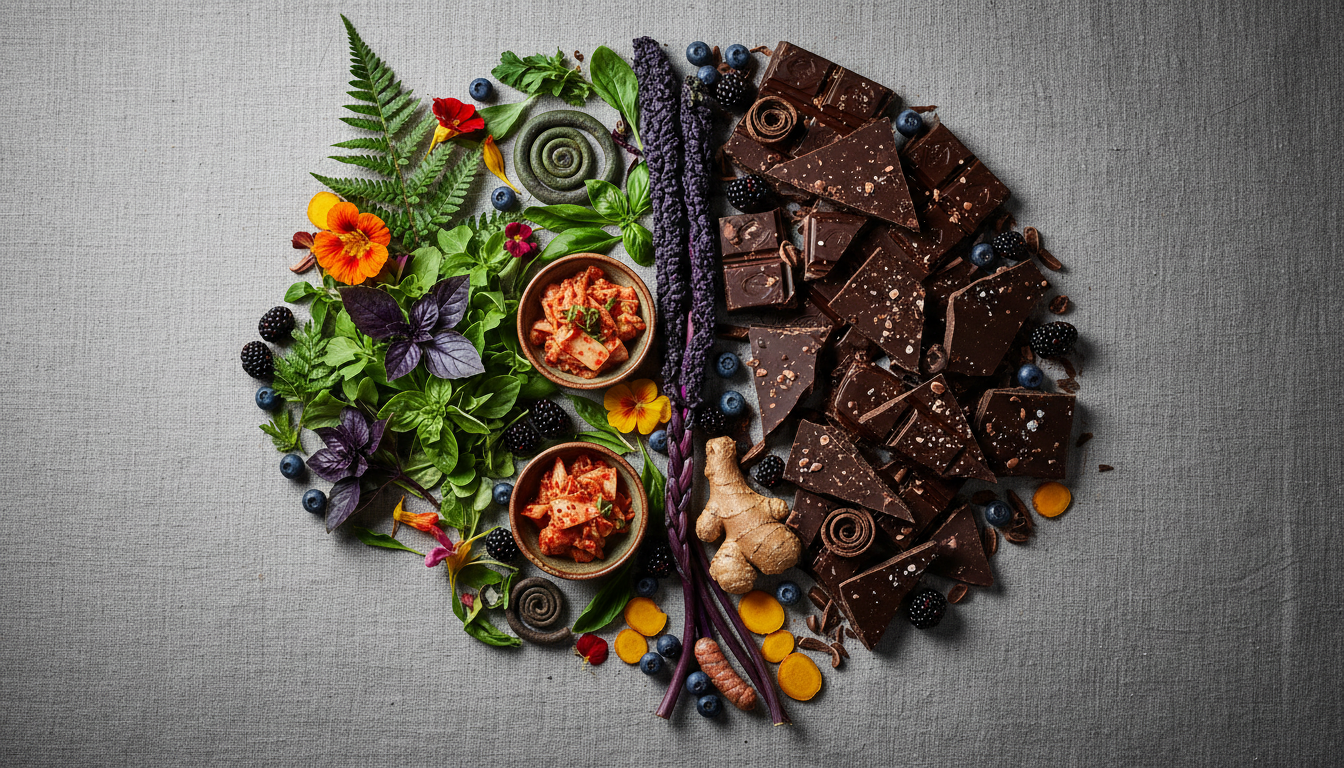 Aesthetic flat-lay of colorful diverse plants, kimchi, and dark chocolate arranged in a brain-like shape, high-contrast food photography.