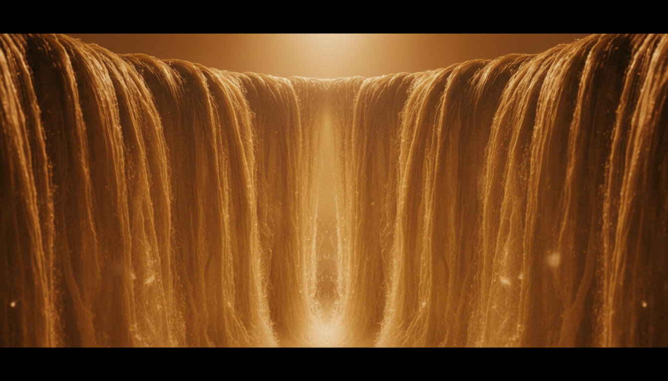 Cinematic visualization of deep brown sound waves resembling a distant waterfall or heavy rain, amber color palette, organic flowing patterns.