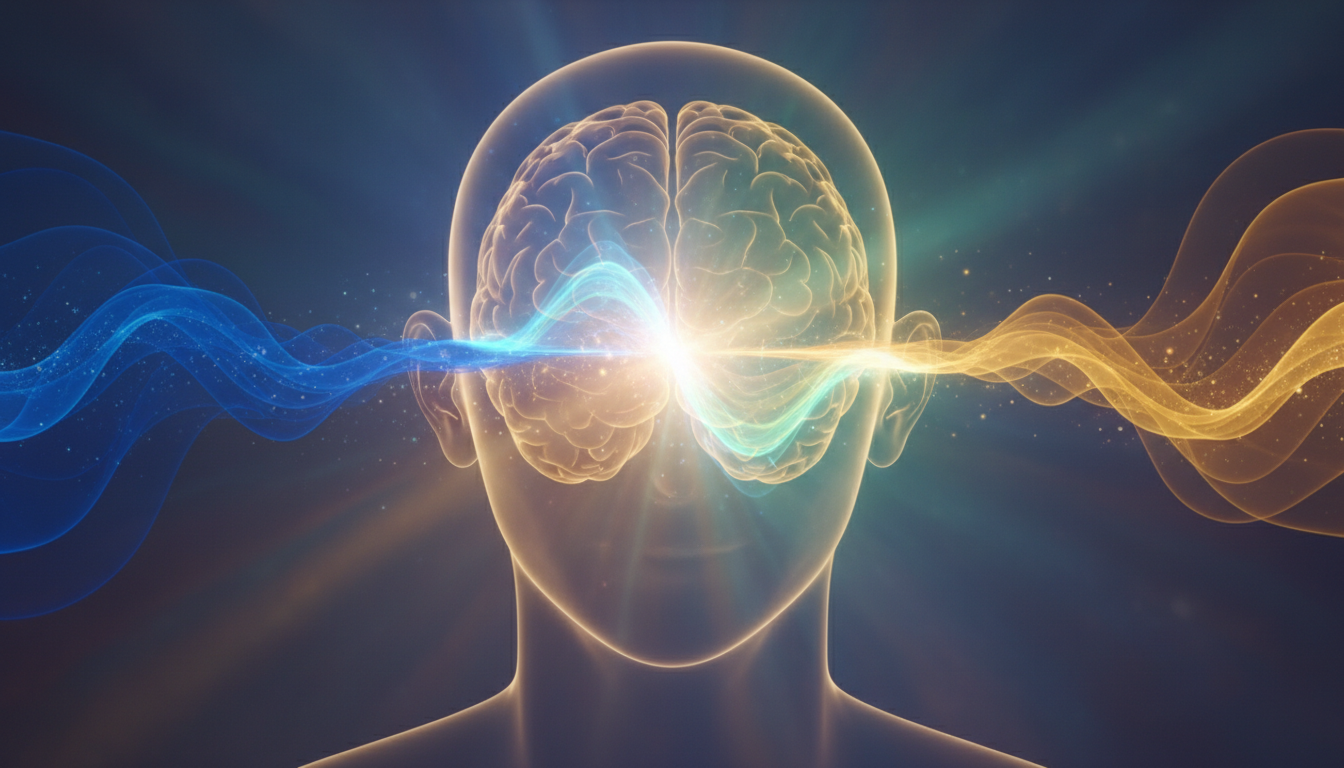 Digital abstract art showing two different blue and gold frequencies entering human ears and creating a third glowing wave in the center of the brain.