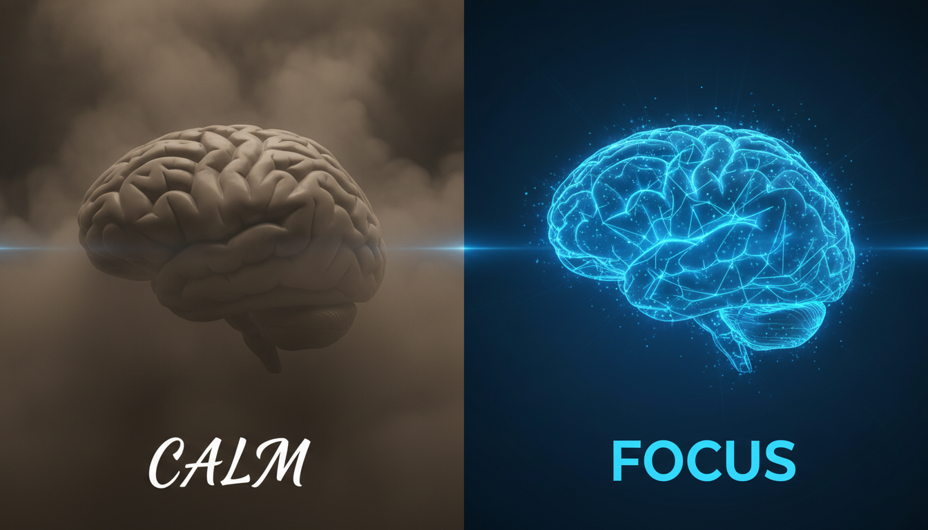Splitscreen illustration: one side shows a calm brain submerged in deep brown fog, the other side shows a brain glowing with electric blue patterns of focus.
