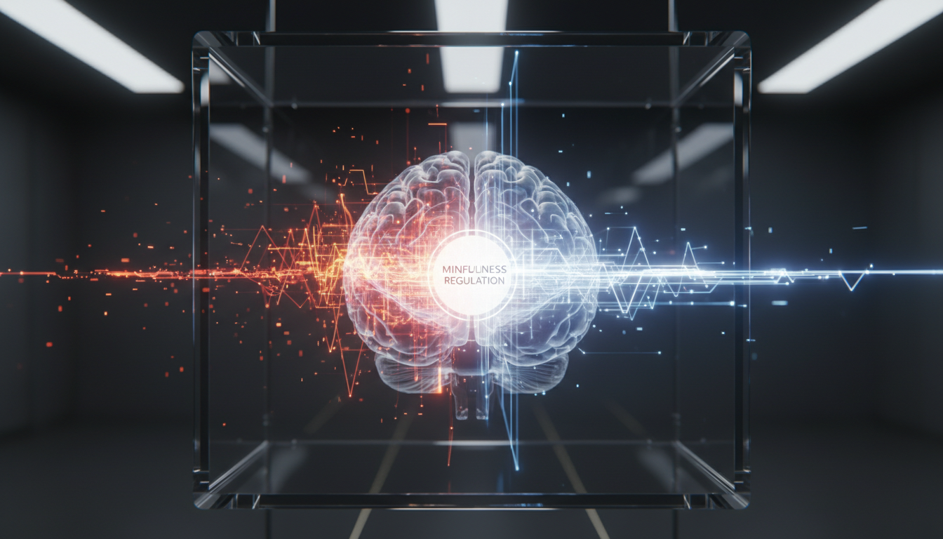 High-tech 3D render of a human brain showing dopamine regulation, transitioning from chaotic heat maps to calm structured light beams, minimalist aesthetics.