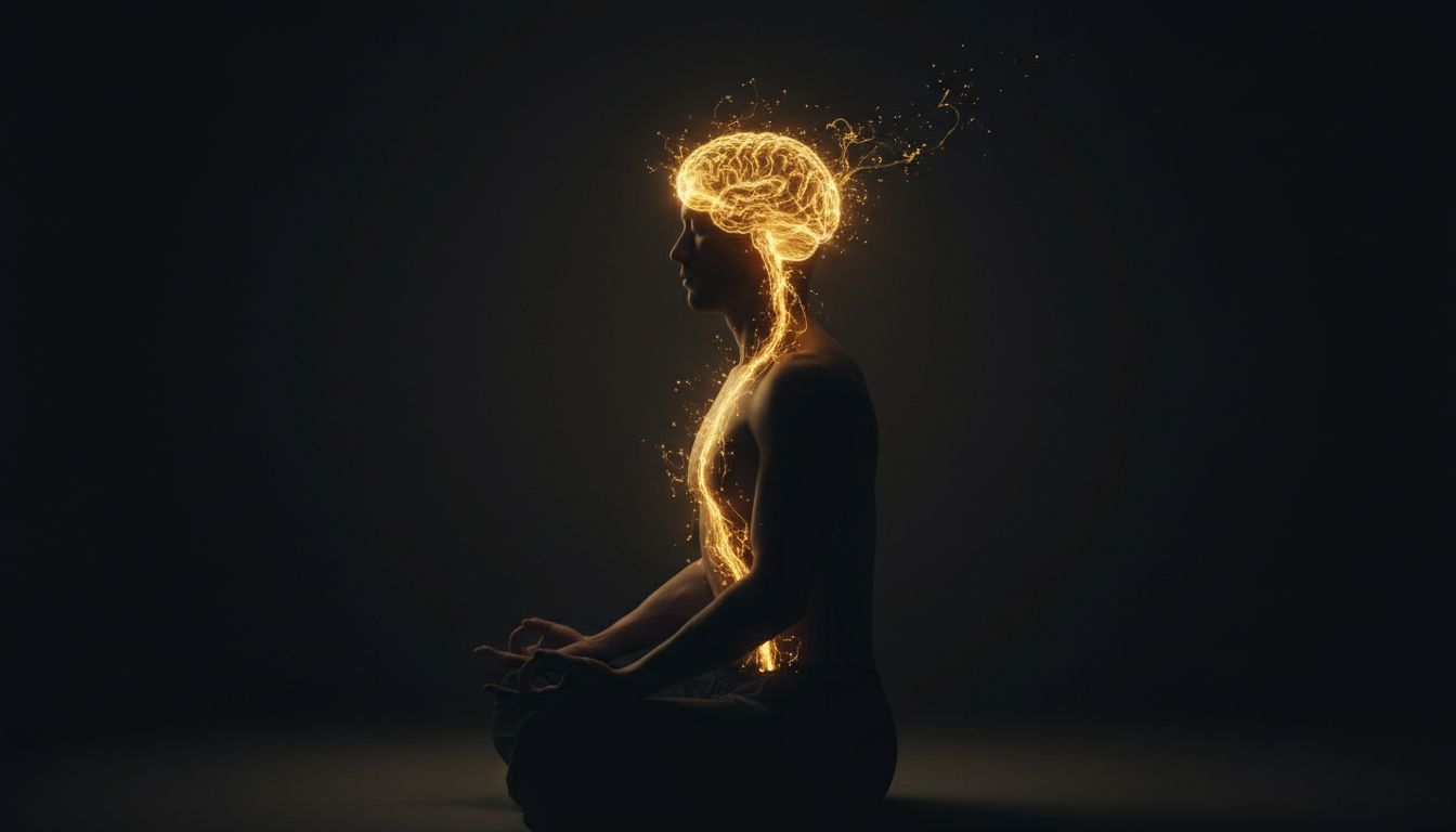 Minimalist silhouette of a man practicing Qi Gong with ethereal golden light flowing through the spine towards the brain, dark background, cinematic atmosphere.