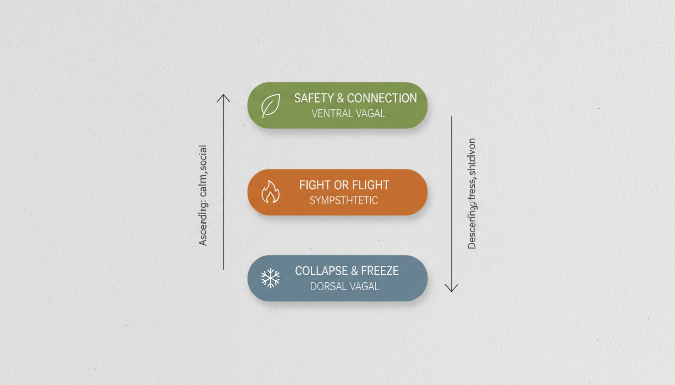 A minimalist vertical diagram of the Polyvagal Ladder showing three color-coded zones: green for safety and connection, orange for fight or flight, and blue-grey for collapse or freeze. Clean, modern infographic style.