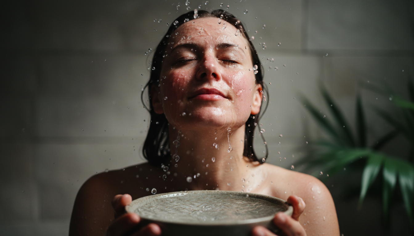 Close-up cinematic shot of a person splashing ice-cold water on their face, capturing frozen water droplets and a visible sense of relief and physiological reset. High contrast and sharp focus.