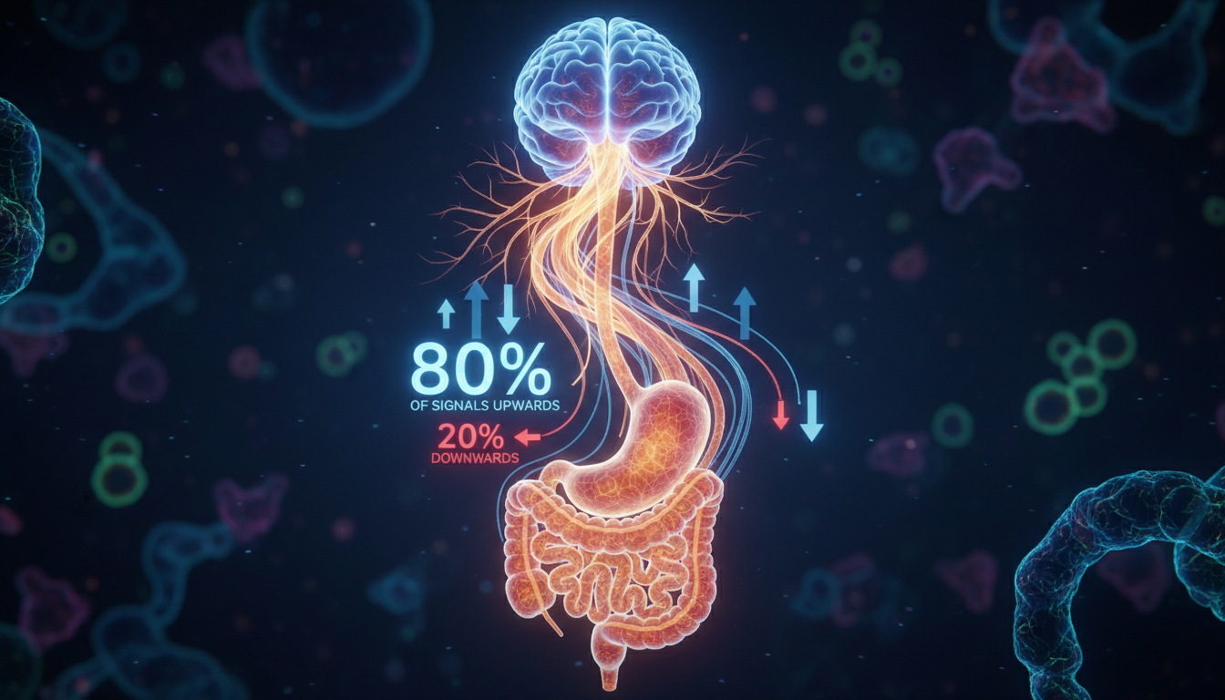 Conceptual 3D illustration of the gut-brain axis, showing a glowing neural highway connecting the stomach to the brain, with arrows indicating that 80 percent of signals travel upwards. Dark background with neon accents.