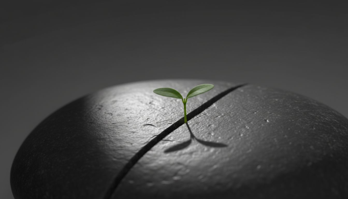 Abstract representation of resilience: a single green sprout growing through a crack in smooth, dark volcanic rock. Minimalist, sharp focus, clean composition, high contrast, symbol of growth after adversity.