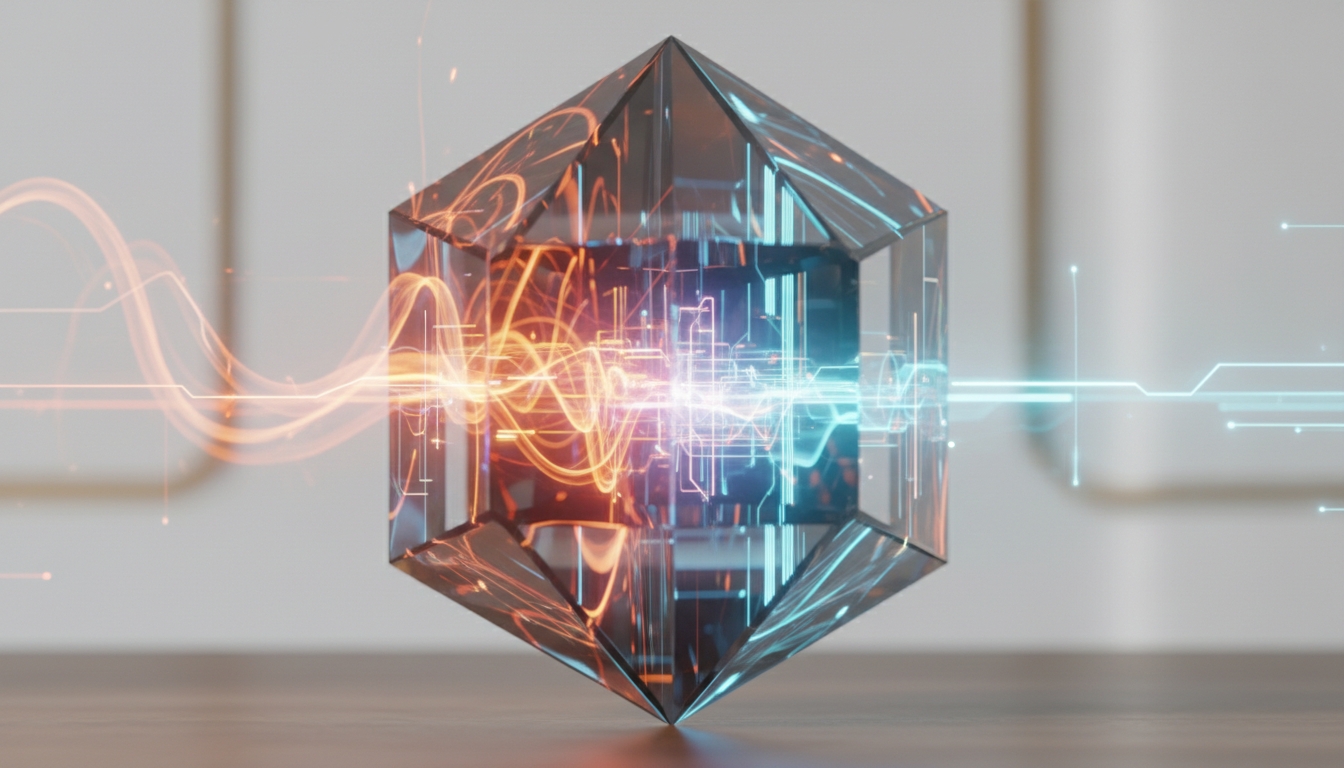 Macro shot of a high-tech crystal prism reflecting distorted warm and cool lights, symbolizing a brain cooling down from stress to clarity. Professional lighting, luxury wellness magazine aesthetic, blurred background.