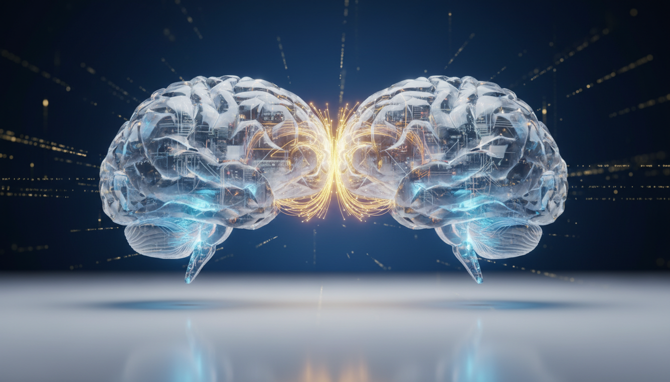 Abstract digital visualization of a human brain where the two hemispheres are connected by vibrant golden fiber-optic threads, with the amygdala area glowing with a soft, calming blue light, clean medical-tech aesthetic.