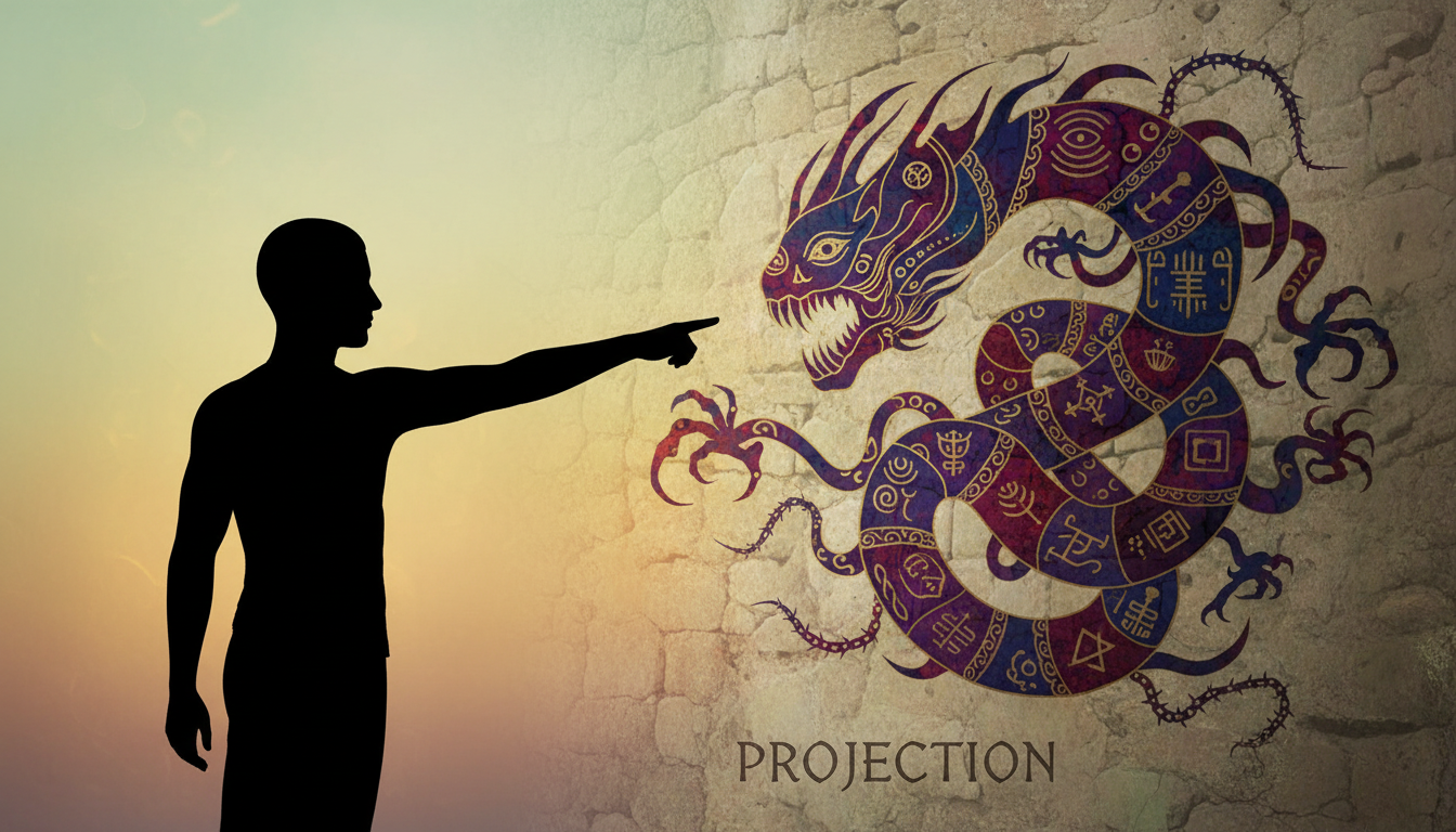Artistic illustration of psychological projection: a silhouette of a person pointing at a wall, but the shadow they cast onto the wall transforms into a complex, intricate monster representing hidden traits, symbolic art.