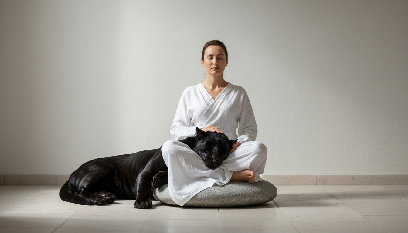 A powerful symbolic image of a balanced warrior in white robes sitting peacefully in meditation next to a large, tamed black panther, representing the mastery and integration of the inner shadow, minimalist background.