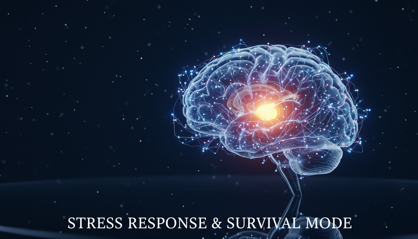 Scientific visualization of a human brain, the amygdala highlighted in glowing amber, stylized neural pathways, dark background, representing stress response and survival mode.