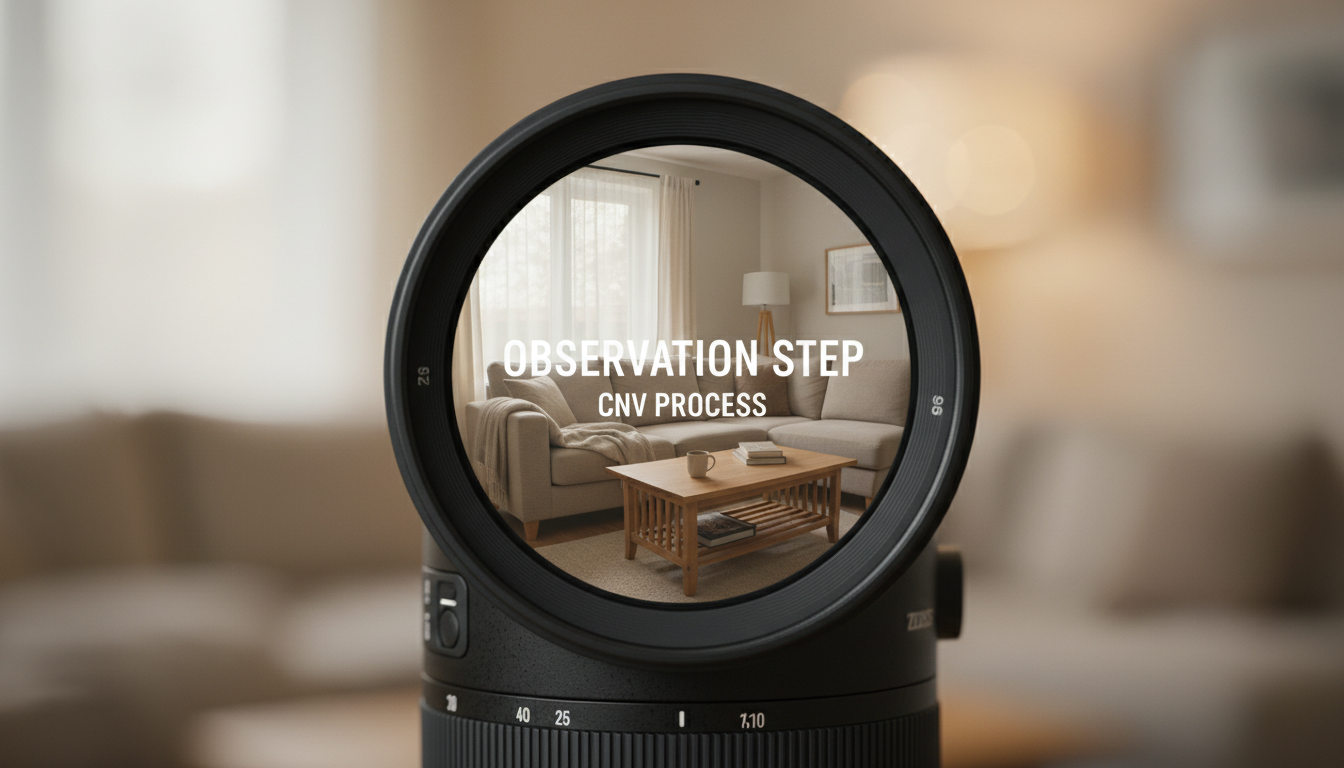 A professional camera lens close-up, reflecting a neutral domestic scene of a living room, symbolizing the 'Observation' step in CNV, high detail, bokeh background.