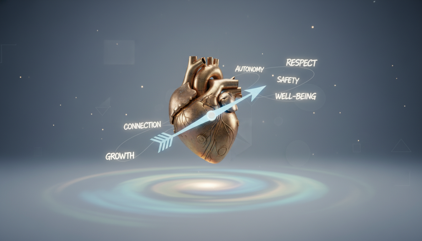 Artistic conceptual illustration of a human heart transformed into a compass, pointing towards various floating labels like 'Respect', 'Autonomy', and 'Safety', representing core needs.