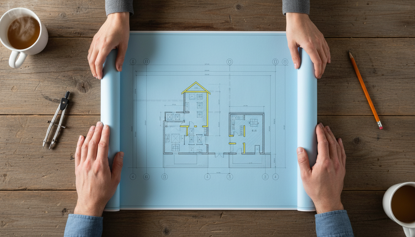 Top-down view of two hands holding a single architectural blueprint together on a wooden table, symbolizing collaborative strategy and creative problem solving between a couple.
