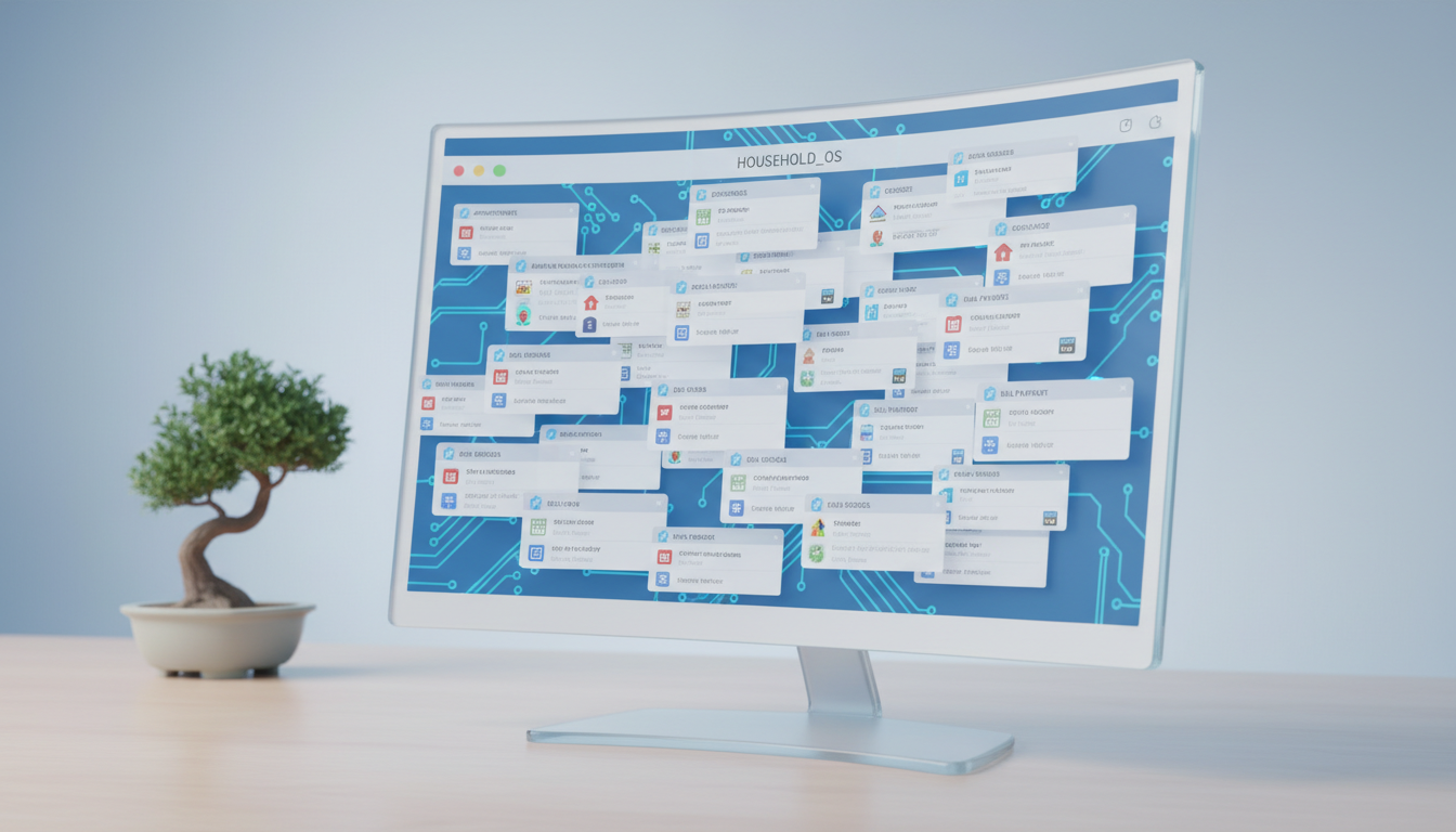 A creative visual of a human brain stylized as a computer screen with dozens of open browser tabs, symbolizing cognitive load and the mental management of a household. Clean, minimalist 3D rendering.