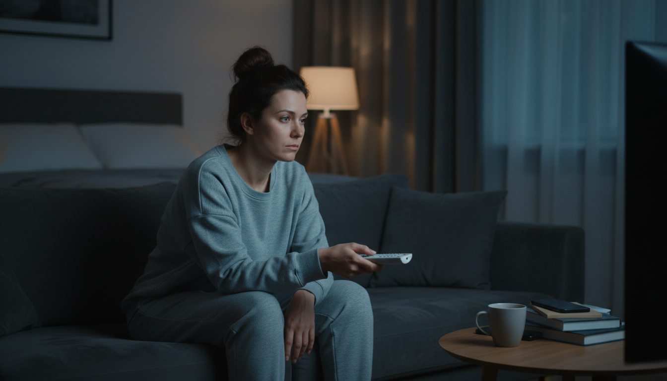Photography of an exhausted woman sitting on a dark sofa late at night, staring blankly at a television remote, capturing the feeling of decision fatigue. Moody lighting, realistic style.