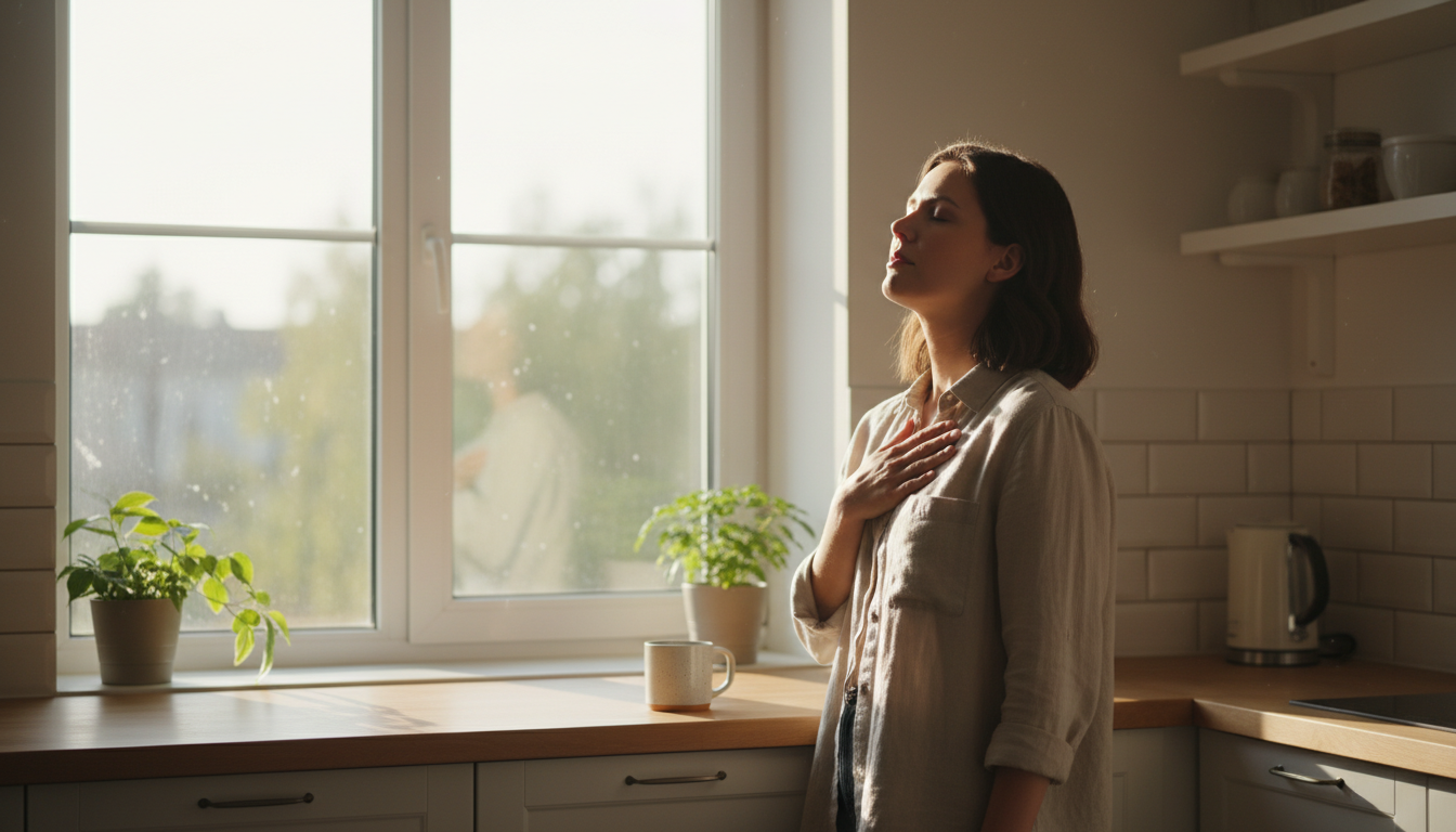 A serene moment of a mother standing by a window, eyes closed, hand on her chest, taking a deep breath to reset her nervous system in a quiet kitchen. Warm, soft morning light.
