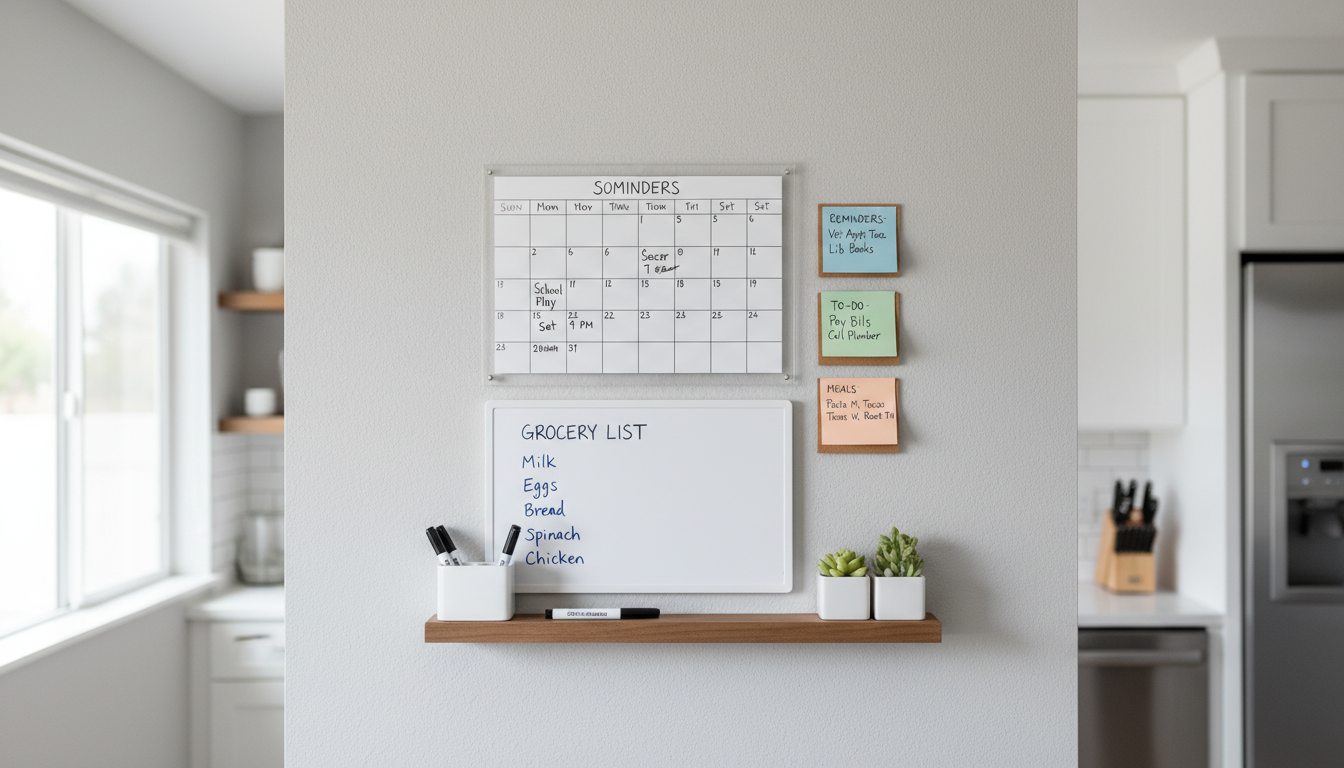 A minimalist and organized family command center on a kitchen wall, featuring a clear acrylic calendar, magnetic grocery list, and organized notes, representing the externalization of mental load.
