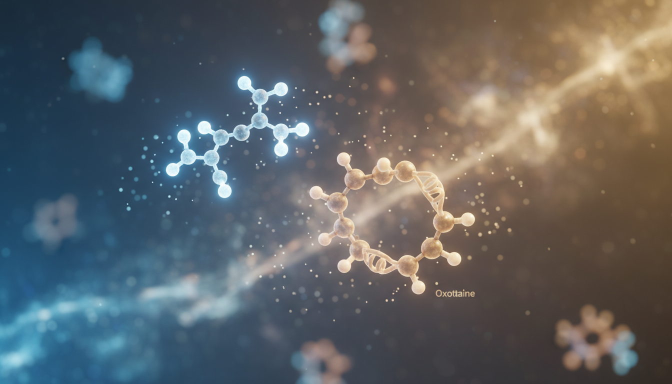 Abstract scientific 3D visualization of Oxytocin and Dopamine molecules floating in a calm, ethereal space with blue and gold lighting, symbolizing the neurological shift from excitement to bonding.